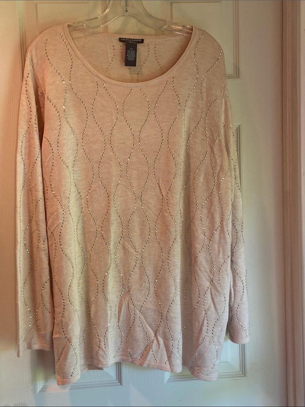 Chelsea & Theodore Blush Pink Rhinestone Wave Crewneck Sweater